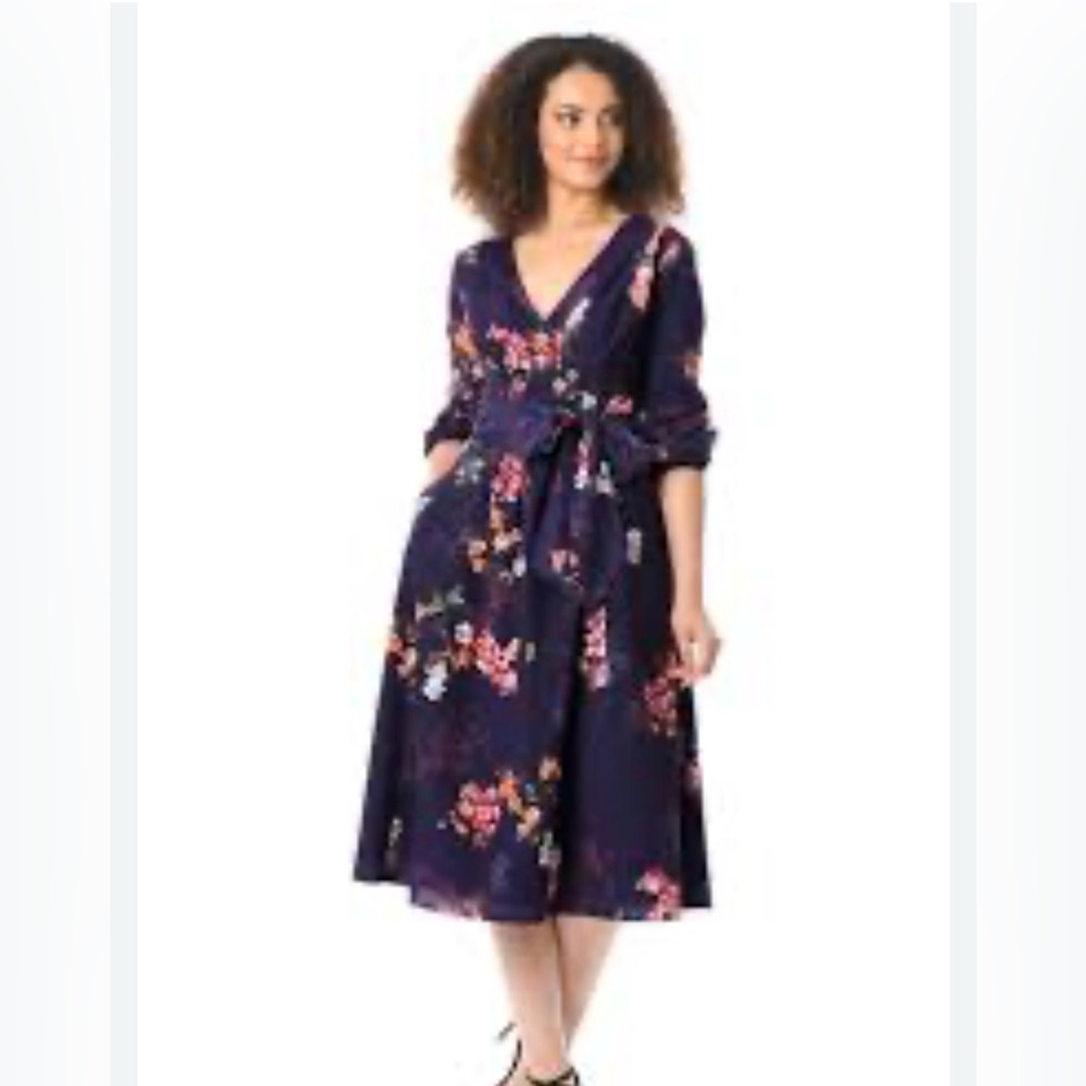 ESHAKTI 8 Floral print blue crepe pleated polyester side zip midi dress romantic